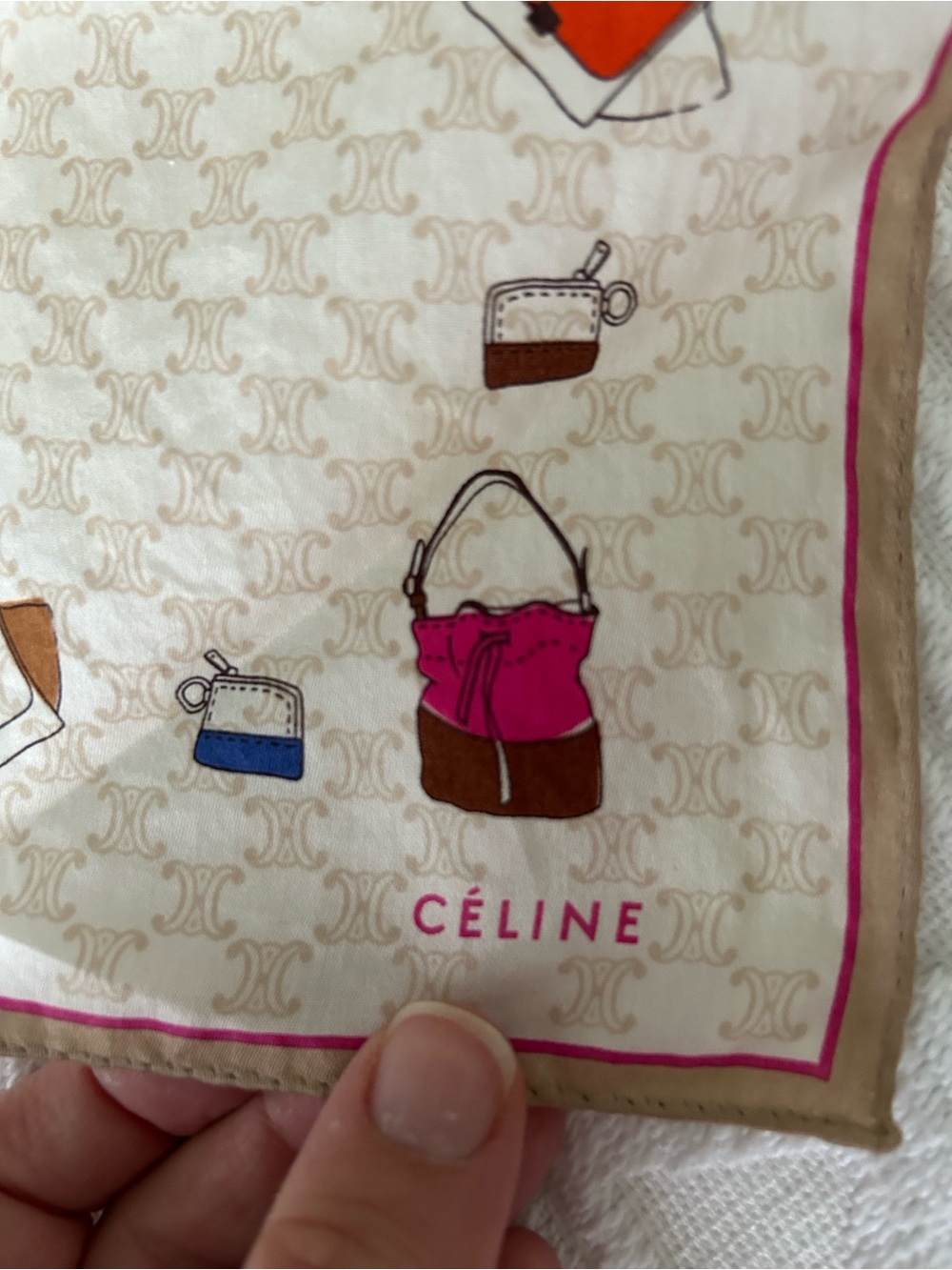 Celine Beige Silk Scarf with Pink accent and Multicolor Bag Motif - Picture 2 of 3